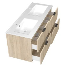 AICA Sanitaire Meuble de salle de bain mural 120 cm Chêne - 4 tiroirs + Lavabo double en céramique,