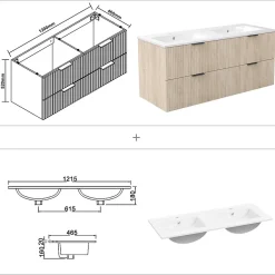 AICA Sanitaire Meuble de salle de bain mural 120 cm Chêne - 4 tiroirs + Lavabo double en céramique,