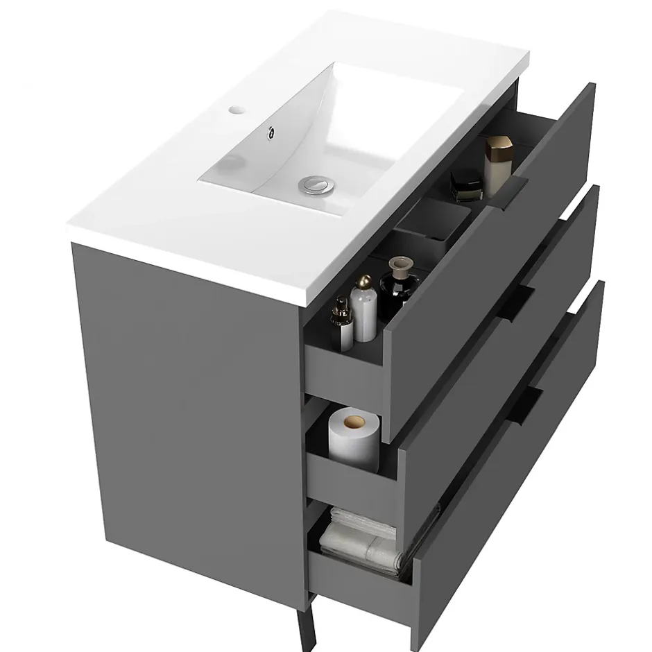 AICA Sanitaire Meuble de salle de bain mural avec pieds Anthracite 100 cm - 3 tiroirs, lavabo inclus,