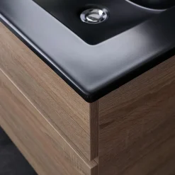 Kiamami Valentina Meuble De Salle De Bain Mobile 120 Cm En Chêne Naturel Avec Double Lavabo Noir Mat - Soleil
