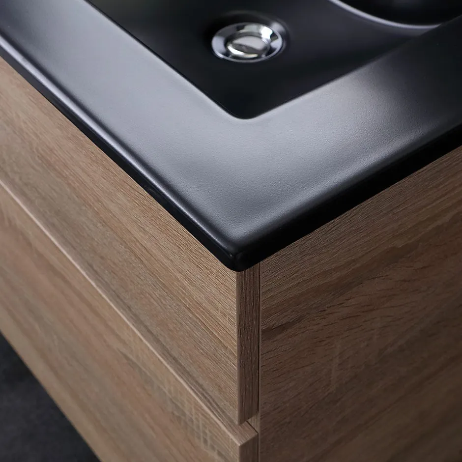 Kiamami Valentina Meuble De Salle De Bain Mobile 120 Cm En Chêne Naturel Avec Double Lavabo Noir Mat - Soleil