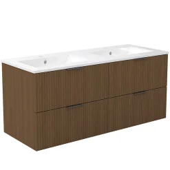 AICA Sanitaire Meuble de salle de bain mural 120 cm Noyer - 4 tiroirs + Lavabo double en céramique,