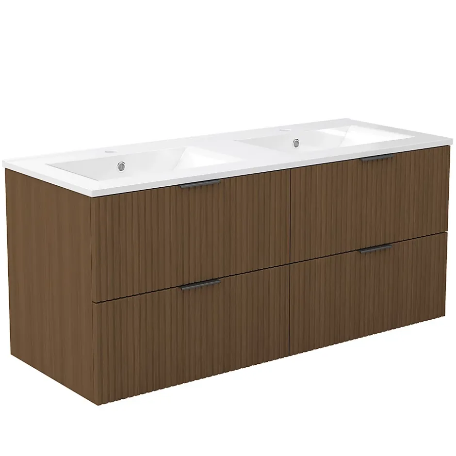 AICA Sanitaire Meuble de salle de bain mural 120 cm Noyer - 4 tiroirs + Lavabo double en céramique,