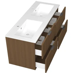 AICA Sanitaire Meuble de salle de bain mural 120 cm Noyer - 4 tiroirs + Lavabo double en céramique,