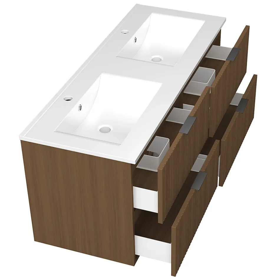 AICA Sanitaire Meuble de salle de bain mural 120 cm Noyer - 4 tiroirs + Lavabo double en céramique,