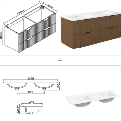 AICA Sanitaire Meuble de salle de bain mural 120 cm Noyer - 4 tiroirs + Lavabo double en céramique,