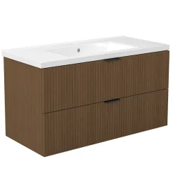 AICA Sanitaire Meuble de salle de bain mural 100 cm Noyer - 2 tiroirs + Lavabo Céramique,