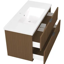 AICA Sanitaire Meuble de salle de bain mural 100 cm Noyer - 2 tiroirs + Lavabo Céramique,