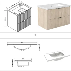 AICA Sanitaire Meuble de salle de bain mural 80 cm Chêne - 2 tiroirs + Lavabo Céramique,
