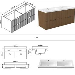 AICA Sanitaire Meuble de salle de bain mural 120 cm Noyer - 4 tiroirs, lavabo (jointless & résistant),
