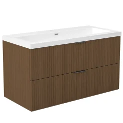 AICA Sanitaire Meuble de salle de bain mural 100 cm Noyer - 2 tiroirs, lavabo (jointless & résistant),
