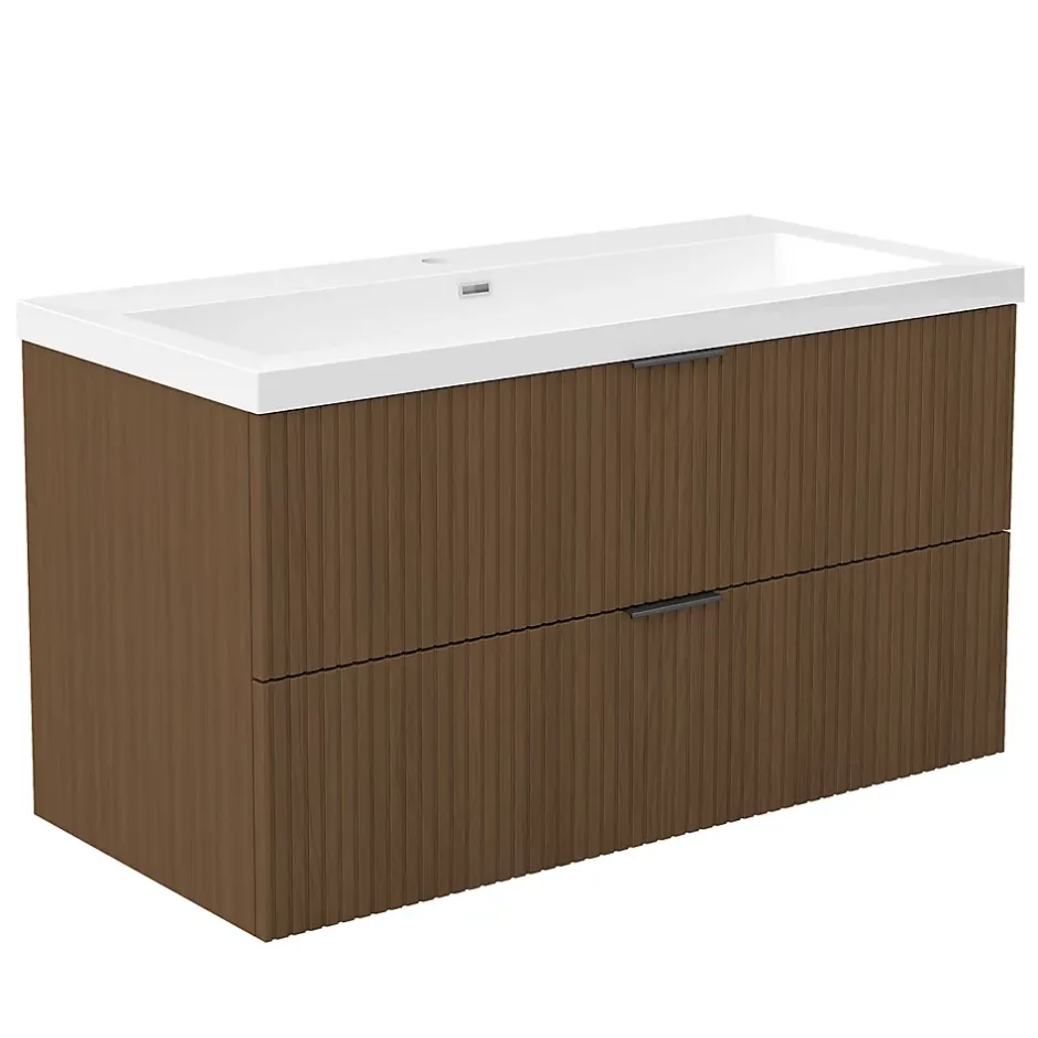AICA Sanitaire Meuble de salle de bain mural 100 cm Noyer - 2 tiroirs, lavabo (jointless & résistant),