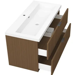 AICA Sanitaire Meuble de salle de bain mural 100 cm Noyer - 2 tiroirs, lavabo (jointless & résistant),