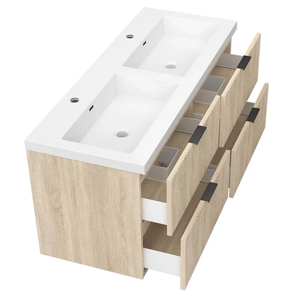 AICA Sanitaire Meuble de salle de bain mural 120 cm Chêne - 4 tiroirs, lavabo (jointless & résistant),* Meuble Vasque