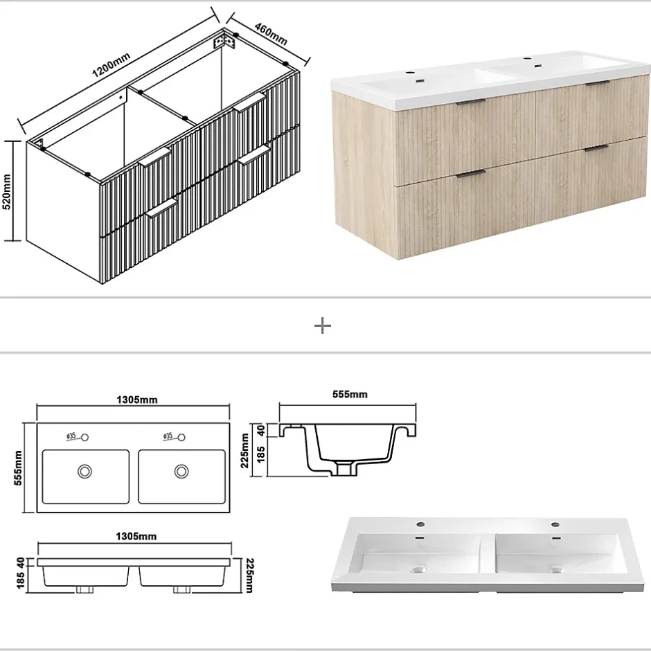 AICA Sanitaire Meuble de salle de bain mural 120 cm Chêne - 4 tiroirs, lavabo (jointless & résistant),* Meuble Vasque