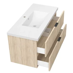 AICA Sanitaire Meuble de salle de bain mural Chêne 100 cm - 2 tiroirs, lavabo inclus,