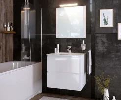 T-Bath Meuble de salle de bain NELI 2 tiroirs 60 cm blanc brillant Inclus lavabo, miroir et applique LED* Ensemble Meuble De Salle De Bains