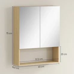 ProximaX Meuble de salle de bain, portes miroir, étagère ouverte, fixation murale, MDF, aggloméré, chêne