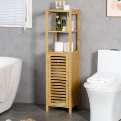 ProximaX Meuble de salle de bain réglable en hauteur, meuble de salle de bain en bambou, avec deux étagères ouvertes, bois naturel