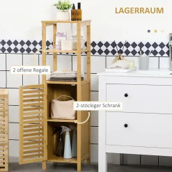 ProximaX Meuble de salle de bain réglable en hauteur, meuble de salle de bain en bambou, avec deux étagères ouvertes, bois naturel