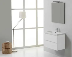 Kiamami Valentina Meuble De Salle De Bain Suspendu 60Cm 2 Tiroirs Blanc, Lavabo En Résine Et Miroir 60X70 - Manhattan