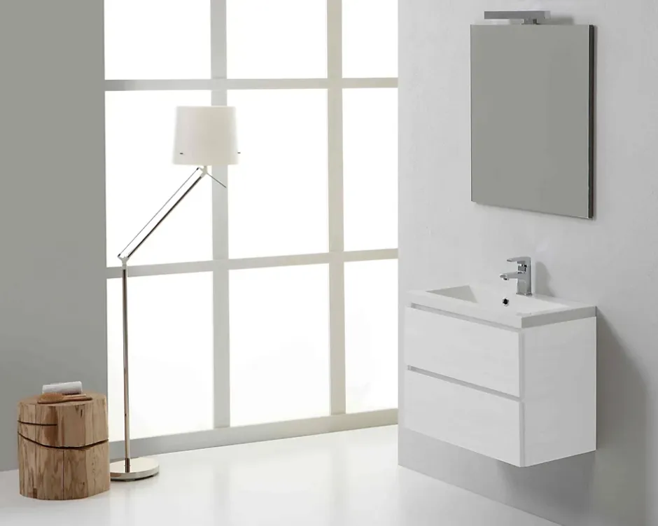 Kiamami Valentina Meuble De Salle De Bain Suspendu 60Cm 2 Tiroirs Blanc, Lavabo En Résine Et Miroir 60X70 - Manhattan