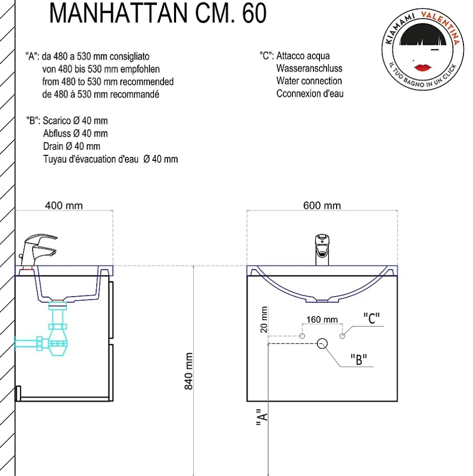 Kiamami Valentina Meuble De Salle De Bain Suspendu 60Cm 2 Tiroirs Blanc, Lavabo En Résine Et Miroir 60X70 - Manhattan