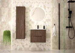 Furnidea Meuble de salle de bain sous vasque suspendu STELLA coloris noyer 80 cm façades rainurées* Meuble Sous Lavabo