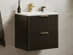 Vente-unique Meuble de salle de bain suspendu strié avec vasque à encastrer - Noir - 60 cm - ZEVARA* Meuble Vasque