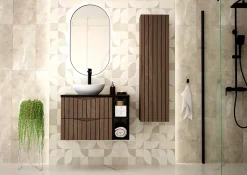 Furnidea Meuble de salle de bain sous vasque suspendu STELLA coloris noyer 60 cm façades rainurées* Meuble Sous Lavabo