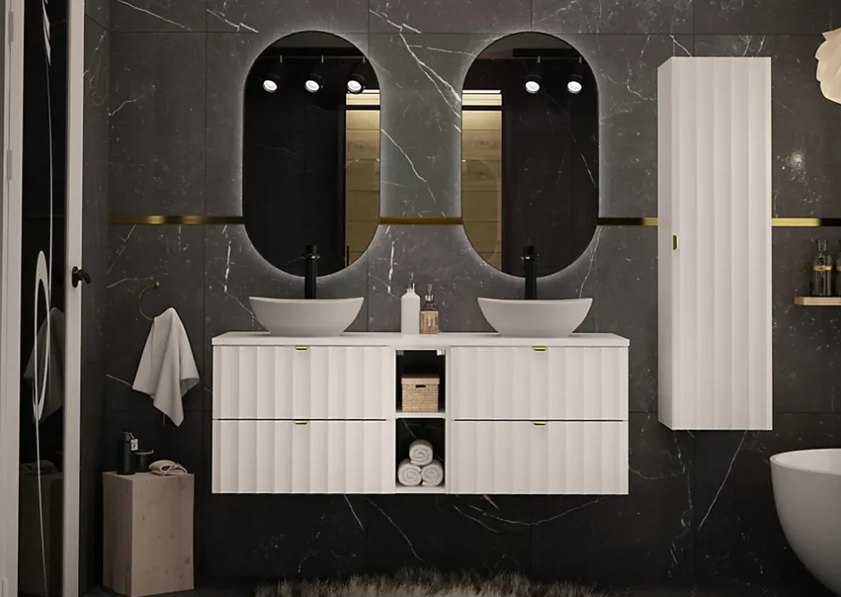 Furnidea Meuble de salle de bain sous vasque suspendu ARCOS blanc 60 cm façades rainurées