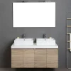 Kiamami Valentina Meuble De Salle De Bain Suspendu 4 Portes Chêne Naturel, Plateau Blanc, 2 Lavabos Décoratifs Et Miroir Avec Lampe - Valentina