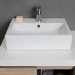 Kiamami Valentina Meuble De Salle De Bain Suspendu 4 Portes Chêne Naturel, Plateau Blanc, 2 Lavabos Décoratifs Et Miroir Avec Lampe - Valentina