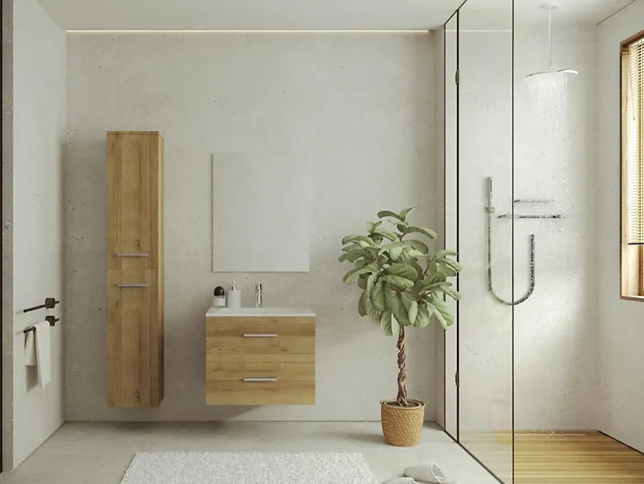 Vente-unique Meuble de salle de bain suspendu simple vasque avec colonne de rangement - Coloris naturel clair - 60 cm - KAYLA