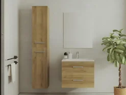 Vente-unique Meuble de salle de bain suspendu simple vasque avec colonne de rangement - Coloris naturel clair - 60 cm - KAYLA