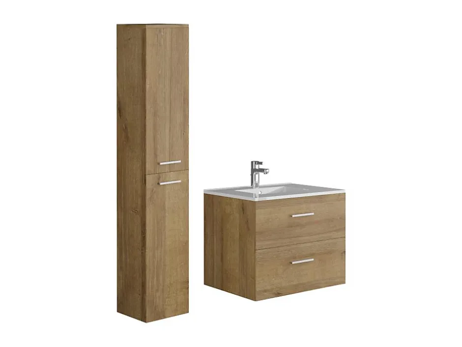 Vente-unique Meuble de salle de bain suspendu simple vasque avec colonne de rangement - Coloris naturel clair - 60 cm - KAYLA