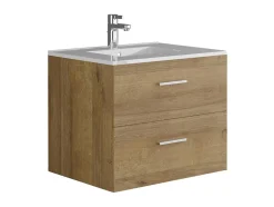 Vente-unique Meuble de salle de bain suspendu simple vasque avec colonne de rangement - Coloris naturel clair - 60 cm - KAYLA