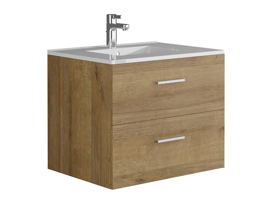 Vente-unique Meuble de salle de bain suspendu simple vasque avec colonne de rangement - Coloris naturel clair - 60 cm - KAYLA
