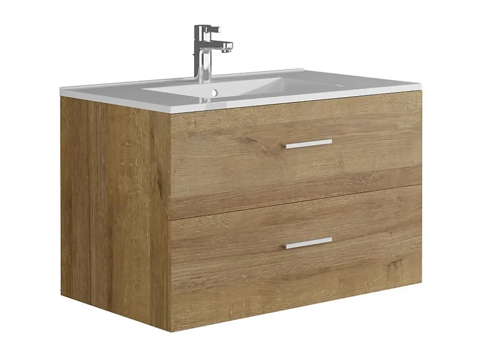 Vente-unique Meuble de salle de bain suspendu simple vasque avec colonne de rangement - Coloris naturel clair - 80 cm - KAYLA