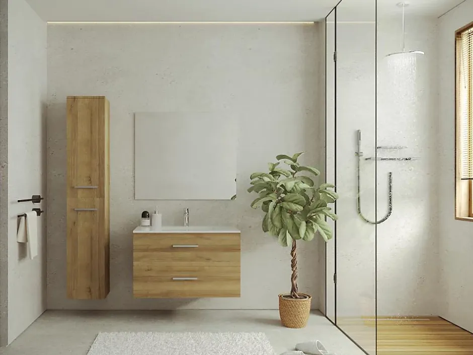 Vente-unique Meuble de salle de bain suspendu simple vasque avec colonne de rangement - Coloris naturel clair - 80 cm - KAYLA