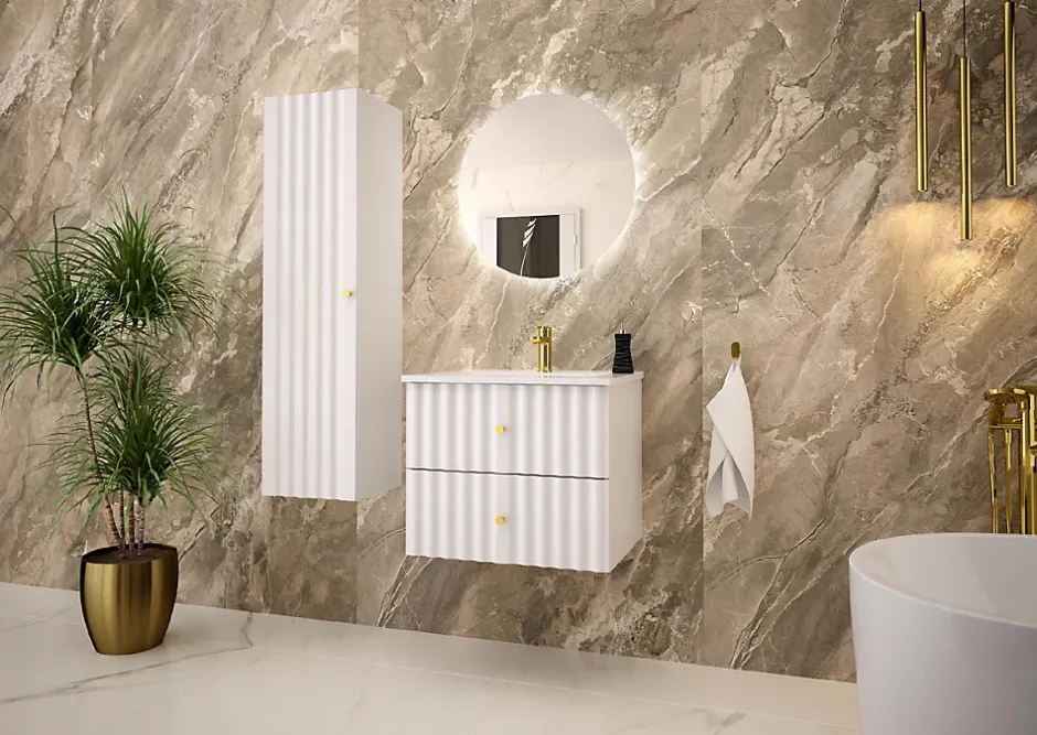 Furnidea Meuble de salle de bain sous vasque suspendu AQUA blanc 60 cm façades rainurées