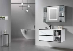 Luxury Bain Meuble de salle de bain simple vasque 100cm blanc effet marbre avec miroir LED et colonne de rangement LB-6948 LuxuryBain-* Ensemble Meuble De Salle De Bains