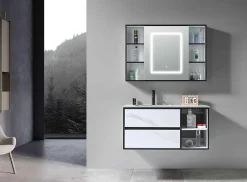 Luxury Bain Meuble de salle de bain simple vasque 100cm blanc effet marbre avec miroir LED et colonne de rangement LB-6948 LuxuryBain-* Ensemble Meuble De Salle De Bains