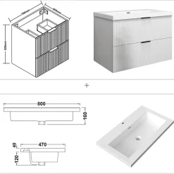 AICA Sanitaire Meuble de salle de bain suspendu 80 cm, 2 tiroirs, avec vasque blanche,MDF blanc brillant* Meuble Vasque