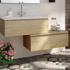 Cosyneo Meuble de salle de bain simple vasque - 2 tiroirs - PENA et miroir rond Led SOLEN - bambou (chêne clair) - 120cm