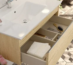 Cosyneo Meuble de salle de bain simple vasque - 2 tiroirs - PENA et miroir rond Led SOLEN - bambou (chêne clair) - 120cm