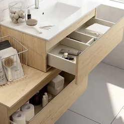 Cosyneo Meuble de salle de bain simple vasque - 2 tiroirs - PENA et miroir rond Led SOLEN - bambou (chêne clair) - 120cm