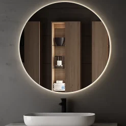 Cosyneo Meuble de salle de bain simple vasque - 2 tiroirs - PENA et miroir rond Led SOLEN - bambou (chêne clair) - 120cm