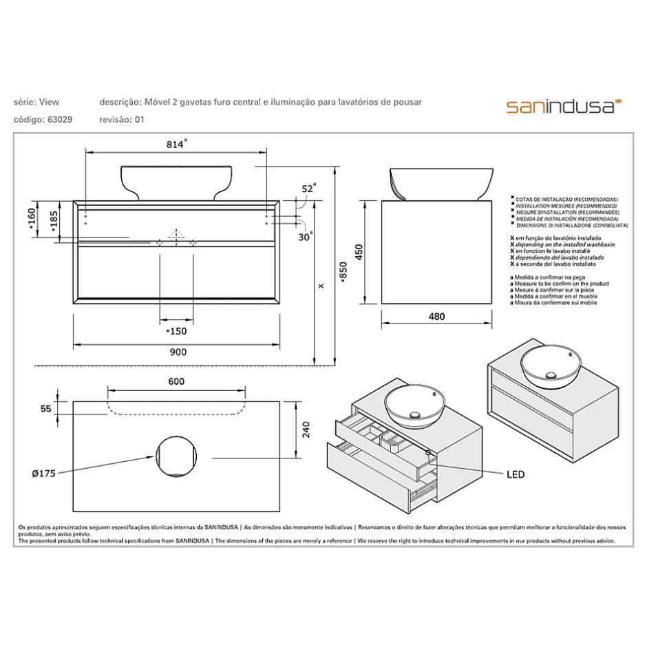 Sanindusa Meuble de salle de bains suspendu 2 tiroirs slow close+organiseurs+éclairage View 90x45 trou pour vidage couleur noyer* Meuble Sous-Vasque