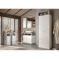 Meublorama Meuble de salle de bains BURA 1 porte Blanc brillant laqué & gris béton Design moderne